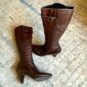 All leather chocolate brown wingtip tall boots